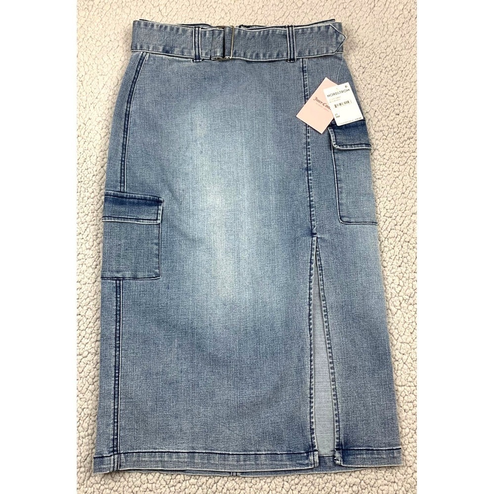 Juicy Couture Denim Cargo Midi‎ Skirt Women's 27 Medium Wash Slit Stretch